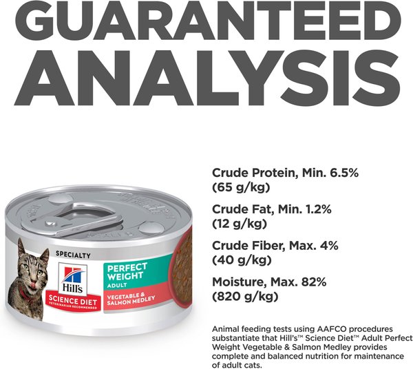 Show full view: Hill's Science Diet Adult Perfect Weight Vegetable & Salmon Medley Canned Cat Food, 82-g can, case of 24 slide 8 of 10