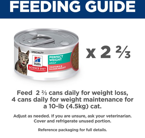 Show full view: Hill's Science Diet Adult Perfect Weight Vegetable & Salmon Medley Canned Cat Food, 82-g can, case of 24 slide 9 of 10