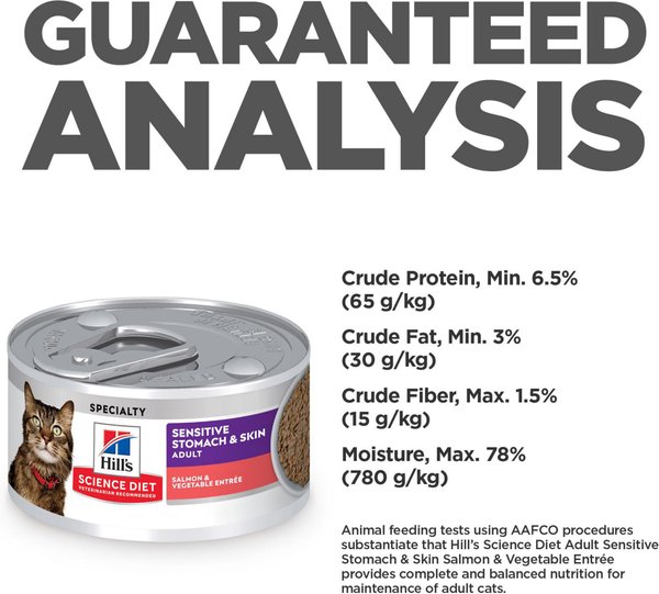 Show full view: Hill's Science Diet Adult Sensitive Stomach & Sensitive Skin Salmon & Vegetable Entree Canned Cat Food, 2.9-oz can, case of 24 slide 8 of 10