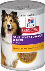 Hill's Science Diet Adult Sensitive Stomach & Sensitive Skin Tender Chicken & Vegetable Stew Canned Dog Food, 12.5-oz can, case of 12