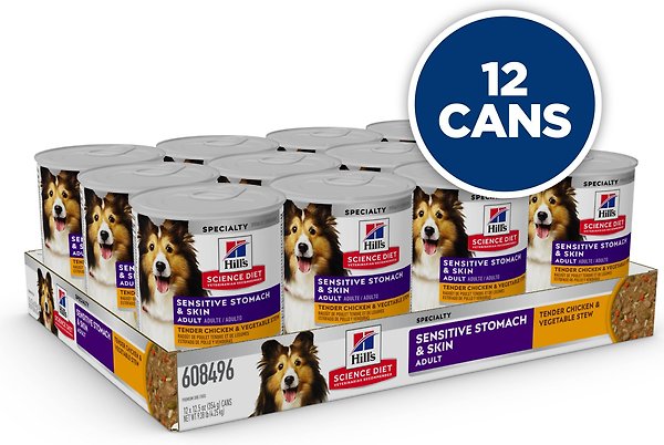 Show full view: Hill's Science Diet Adult Sensitive Stomach & Sensitive Skin Tender Chicken & Vegetable Stew Canned Dog Food, 12.5-oz can, case of 12 slide 3 of 10