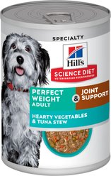 Hill's Science Diet Adult Perfect Weight & Joint Support Hearty Vegetables & Tuna Stew Canned Dog Food, 12.5-oz can, case of 12