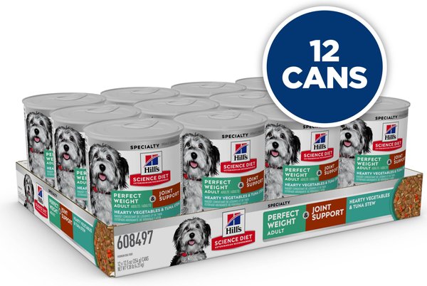 Show full view: Hill's Science Diet Adult Perfect Weight & Joint Support Hearty Vegetables & Tuna Stew Canned Dog Food, 12.5-oz can, case of 12 slide 3 of 10