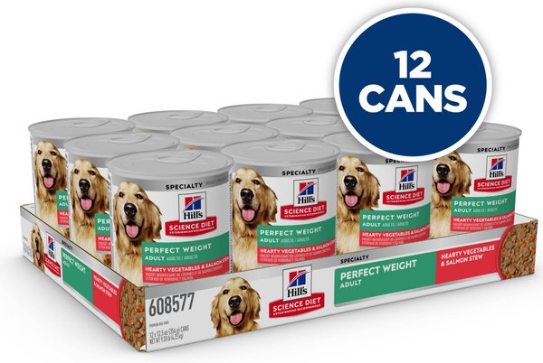 Show full view: Hill's Science Diet Adult Perfect Weight Hearty Vegetables & Salmon Stew Canned Dog Food, 354-g can, case of 12 slide 3 of 10