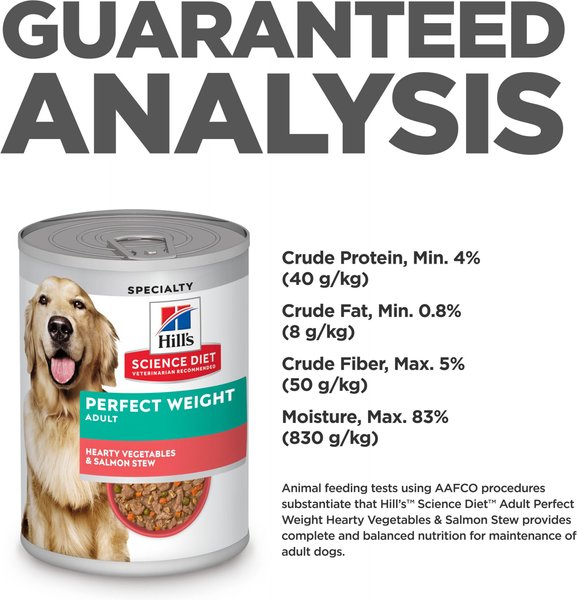 Show full view: Hill's Science Diet Adult Perfect Weight Hearty Vegetables & Salmon Stew Canned Dog Food, 354-g can, case of 12 slide 8 of 10