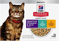 Hill's Science Diet Adult Sensitive Stomach & Skin Tuna & Vegetable & Chicken & Vegetable Variety Pack Canned Cat Food, 82-g can, case of 12