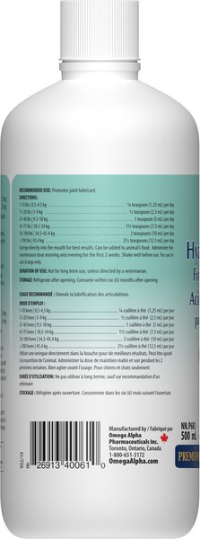 Show full view: Omega Alpha Hyaluronic Acid Joint Lubricant Dog & Cat Supplement, 500-mL bottle slide 3 of 5