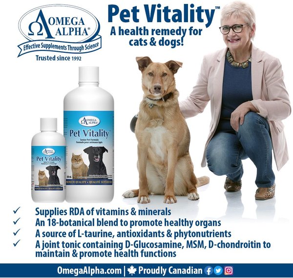 Show full view: Omega Alpha Pet Vitality Senior Formula Dog & Cat Supplement, 120-mL bottle slide 5 of 6