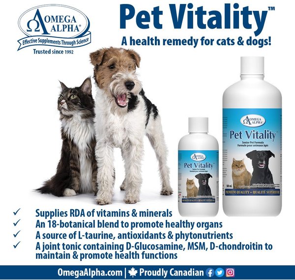 Show full view: Omega Alpha Pet Vitality Senior Formula Dog & Cat Supplement, 500-mL bottle slide 4 of 5