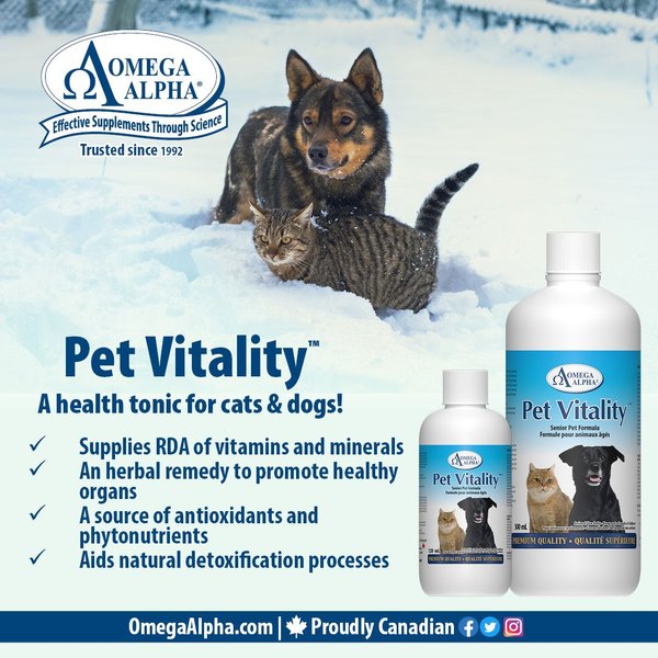 Show full view: Omega Alpha Pet Vitality Senior Formula Dog & Cat Supplement, 500-mL bottle slide 5 of 5