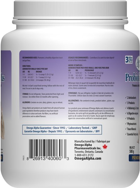 Show full view: Omega Alpha Probiotic 8 Plus Healthy Digestion Dog & Cat Supplement, 500-g bottle slide 3 of 5