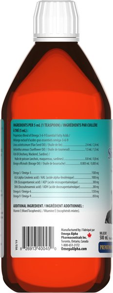 Show full view: Omega Alpha Shiny Coat Healthy Skin & Coat Formula Dog & Cat Supplement, 500-mL bottle slide 3 of 8