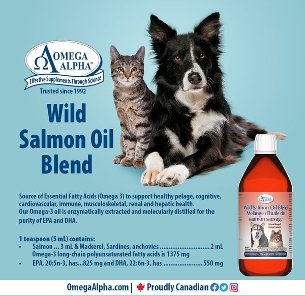 Show full view: Omega Alpha Wild Salmon Oil Blend Omega-3 EFA Dog & Cat Supplement, 500-mL bottle slide 5 of 8