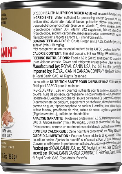 Show full view: Royal Canin Breed Health Nutrition Boxer Adult Loaf in Sauce Wet Canned Dog Food, 13.5-oz can, case of 12 slide 4 of 7
