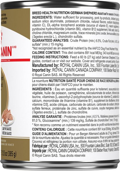Show full view: Royal Canin Breed Health Nutrition German Shepherd Adult Loaf in Sauce Wet Canned Dog Food, 13.5-oz can, case of 12 slide 4 of 7