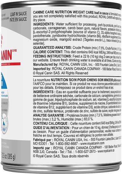 Show full view: Royal Canin Canine Care Nutrition Weight Care Loaf in Sauce Wet Canned Dog Food, 13.5-oz can, case of 12 slide 4 of 11