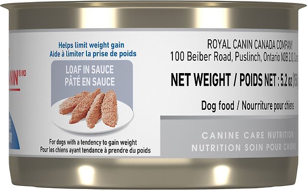 Show full view: Royal Canin Canine Care Nutrition Weight Care Loaf in Sauce Wet Canned Dog Food, 5.2-oz can, case of 24 slide 4 of 8