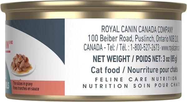 Show full view: Royal Canin Feline Care Nutrition Hairball Care Thin Slices in Gravy Wet Canned Cat Food, 3-oz can, case of 24 slide 4 of 7