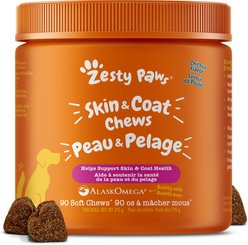 Zesty Paws Skin & Coat Bites Chicken Flavored Soft Chews Omega 3 Fish Oil Supplement for Dogs, 90 count