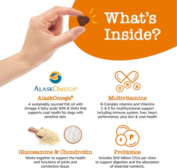 Show full view: Zesty Paws Multivitamin Peanut Butter Flavoured Soft Chews Glucosamine Fish Oil Supplement for Dogs, 90 count slide 3 of 10