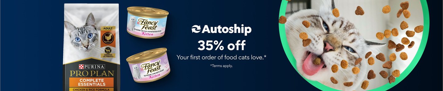 Autoship, 35% off your first order of food cats love* terms apply.