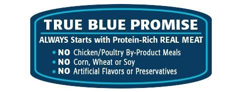True blue promise. Always starts with protein rich real meat. No Chicken or poultry by product meals. No corn, wheat or soy. No artificial flavors or preservatives.