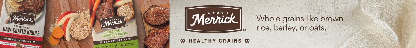 Merrick Healthy Grains.  Whole grains like brown rice, barley, or oats.