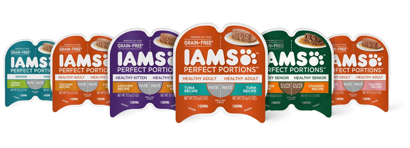 IAMS Perfect Portions Healthy Adult Multipack Chicken Tuna Recipe Pate Grain Free Cat Food Trays 2.6 oz tray case of 24 Chewy