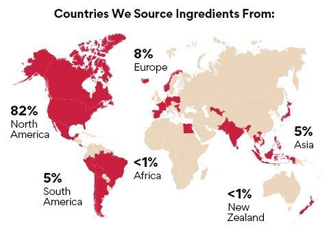 Countries we source ingredients from are, 82% from North America, 8 percent from Europe, 5 percent from Asia, 5 percent from South America, less than 1 percent from Africa and less than 1 percent from New Zealand.