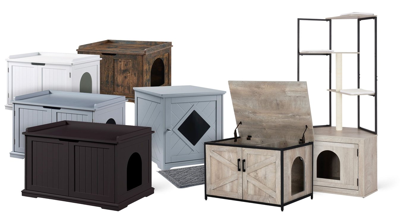 UNIPAWS Corner Box Enclosure with Cat Tree Tower Cat Litter, Weathered