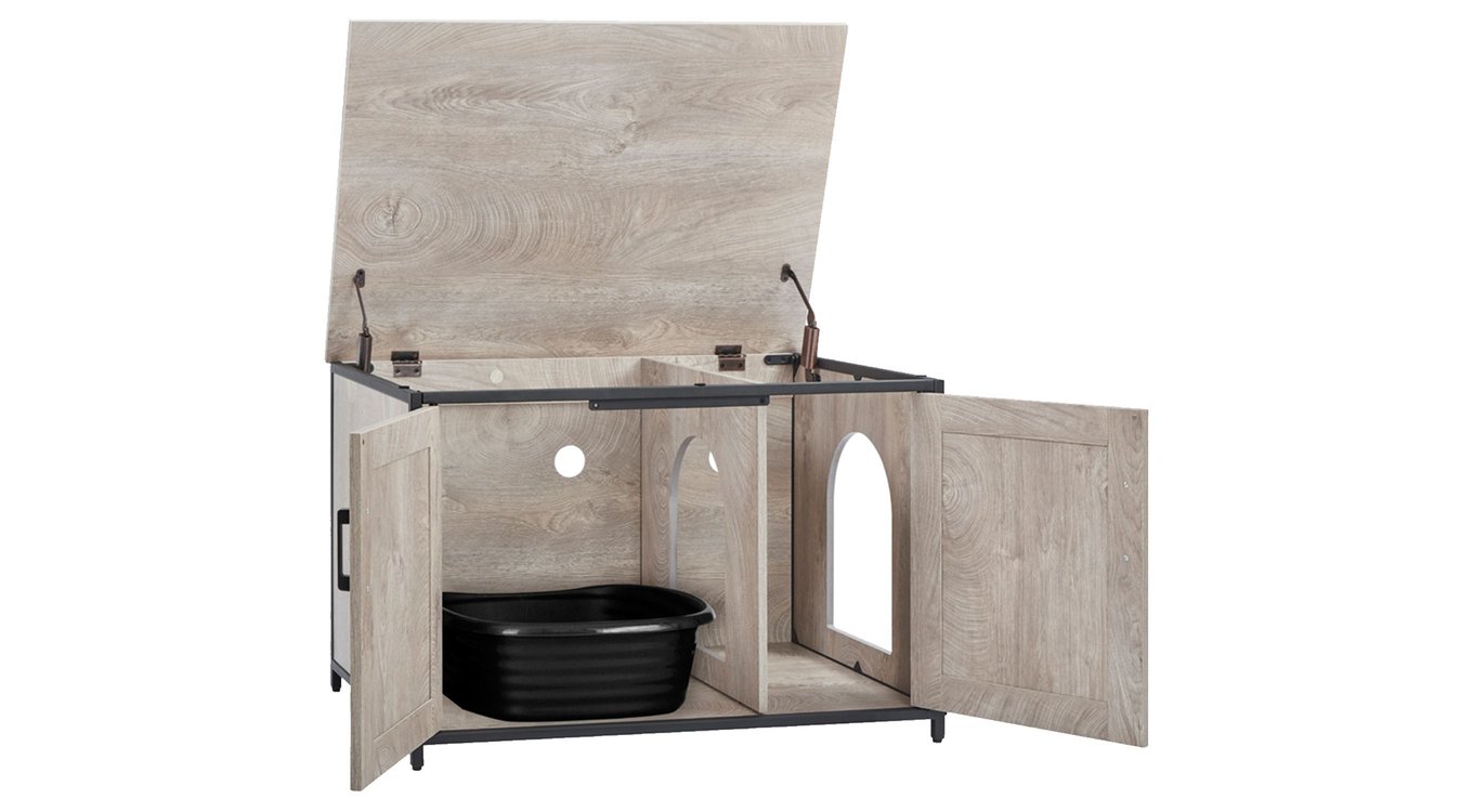 UNIPAWS Corner Box Enclosure with Cat Tree Tower Cat Litter, Weathered