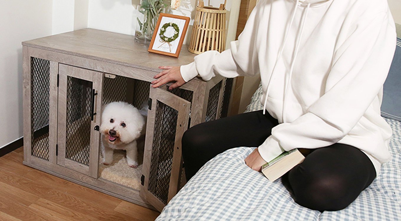 UNIPAWS Furniture Style Dog Crate, Weathered Gray, Large