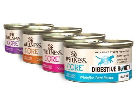 Wellness CORE+ Digestive Health Chicken & Turkey Pate Variety Pack Grain-Free Natural Wet Cat Food, 3-oz can, case of 12
