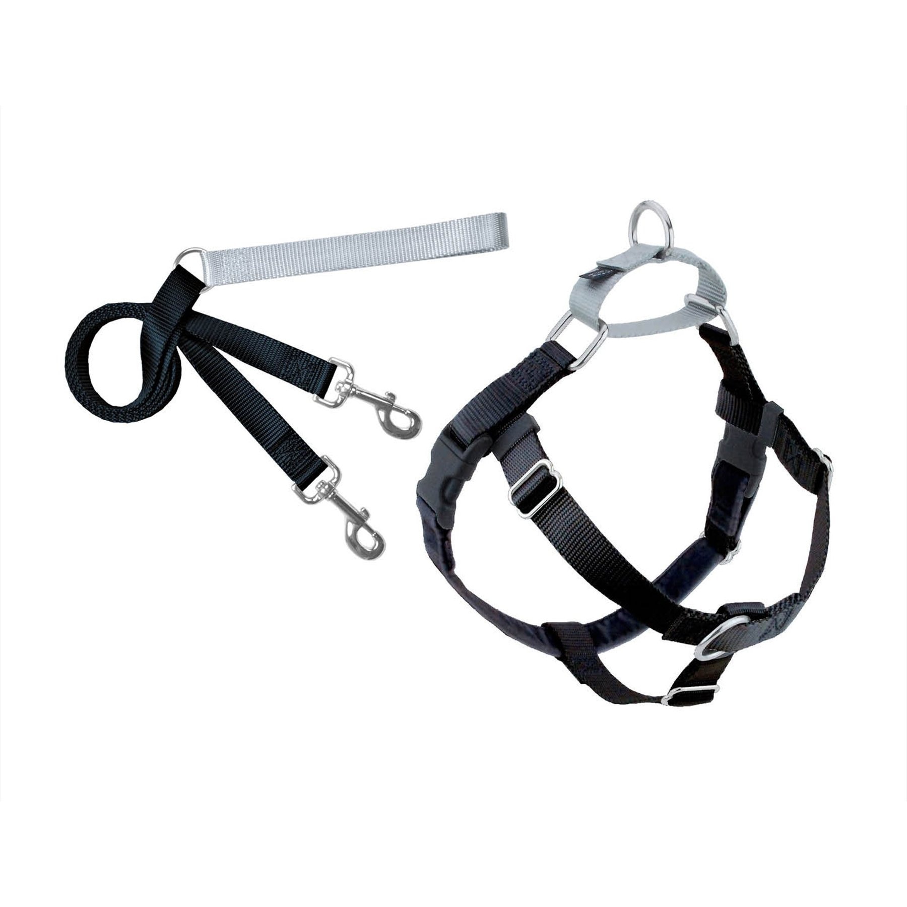 Large 1-in Black Freedom No Pull Dog Harness & Leash, 2 Hounds Design