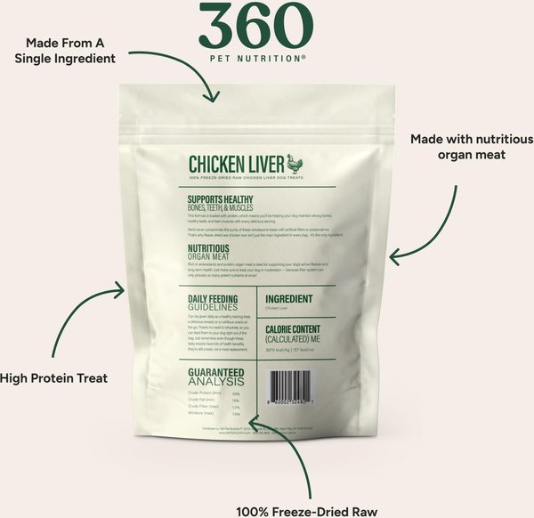 Show full view: 360 Pet Nutrition 100% Chicken Liver Grain-Free Raw Freeze-Dried Dog Treats, 4-oz bag slide 5 of 7