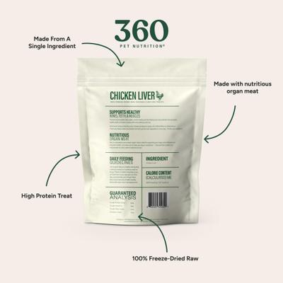 Show full view: 360 Pet Nutrition 100% Chicken Liver Grain-Free Raw Freeze-Dried Dog Treats, 4-oz bag slide 5 of 7