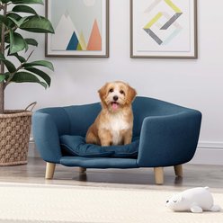 8VR Elevated Plush Fabric Comfort Lounging Novelty Furniture Style Sofa Couch Dog Bed with Rubber Wood Legs, Small, Navy Blue