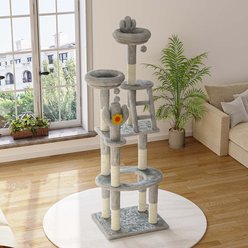 8VR H Cactus Multi-Level Furniture W/Transparent Capsule, Sisal Scratching Posts Perches & Interactive Toys 72-in Plush Modern Cat Tree, Gray