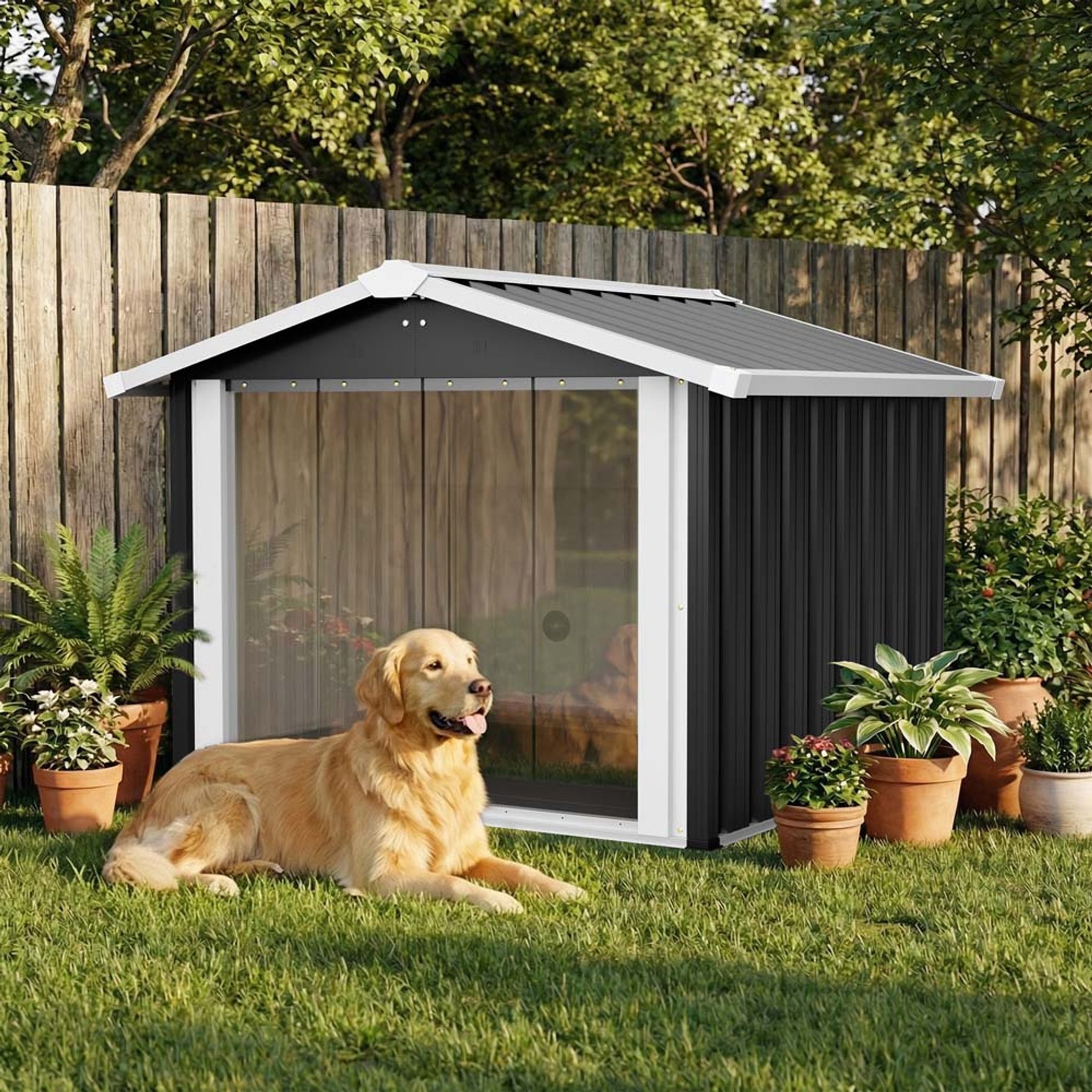 8VR H Metal Weatherproof Outdoor Shelter Dog House with PVC Door & Vent, Black, 39.7 x 35.8 x 33.3-in