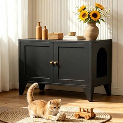 8VR Hidden D Metal Furniture Indoor Modern Cat Litter Box Enclosure with Washroom Cabinet, Black, 28 x 18-in