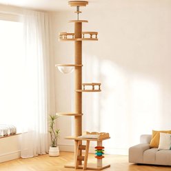 8VR Tower with Sisal Scratching Post, Bubble Window Perch, Ladder & Rotatable Toy Balls 110.2-in Linen Floor-to-Ceiling Cat Tree, Natural