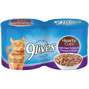 9 Lives Hearty Cuts with Real Turkey & Cheese in Gravy Wet Cat Food, 5.5-oz can, case of 4