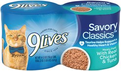 9 Lives Meaty Pate with Real Chicken & Tuna Wet Cat Food, 5.5-oz can, case of 4