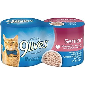 9 Lives Tender Morsels with Real Ocean Whitefish & Tuna Bits in Broth Senior Wet Cat Food, 5.5-oz can, case of 4