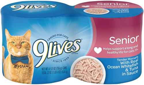 Show full view: 9 Lives Tender Morsels with Real Ocean Whitefish & Tuna Bits in Broth Senior Wet Cat Food, 5.5-oz can, case of 4 slide 1 of 9