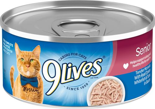 Show full view: 9 Lives Tender Morsels with Real Ocean Whitefish & Tuna Bits in Broth Senior Wet Cat Food, 5.5-oz can, case of 4 slide 5 of 9