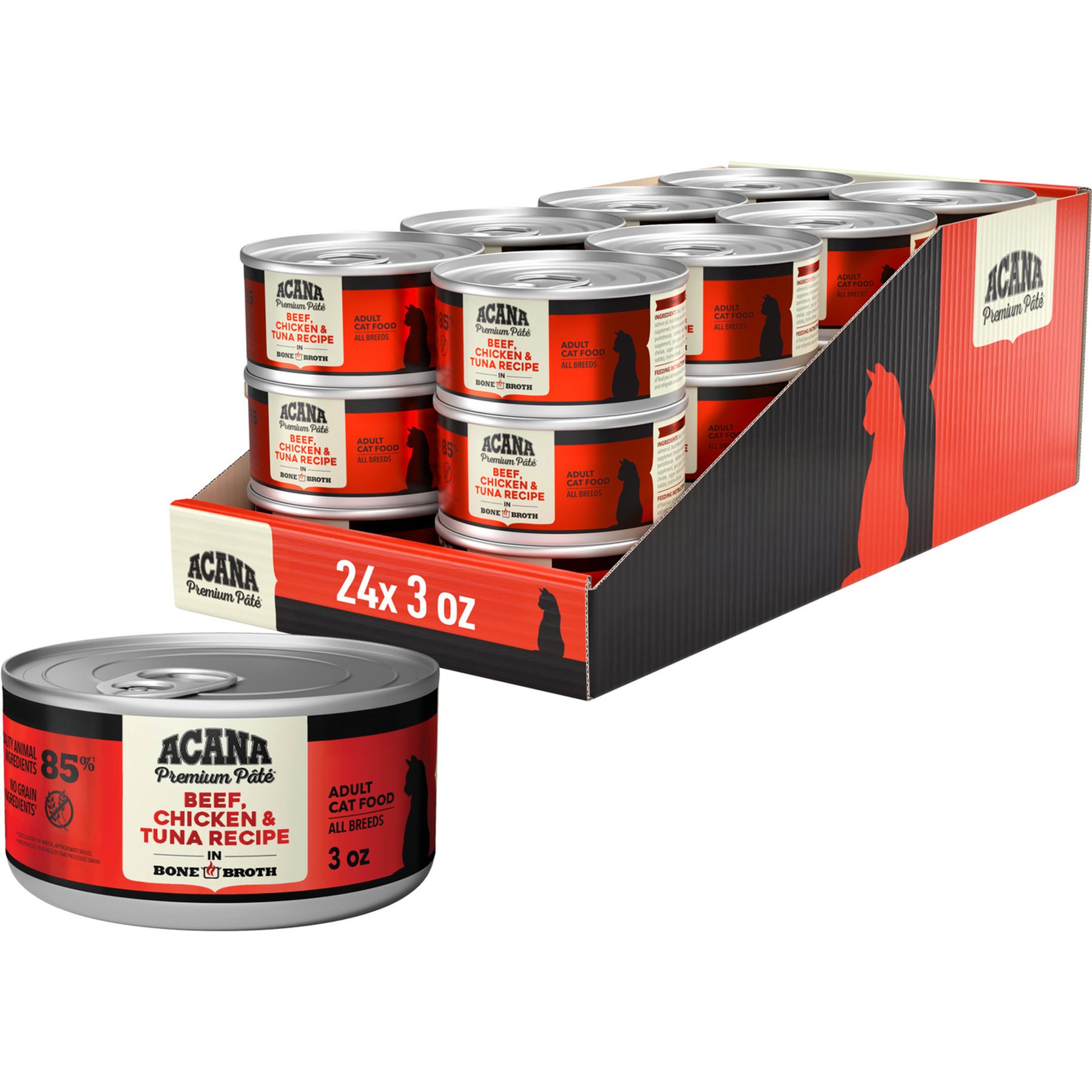 ACANA Premium Beef Chicken & Tuna in Bone Broth Pate Wet Cat Food, 3-oz can, case of 24