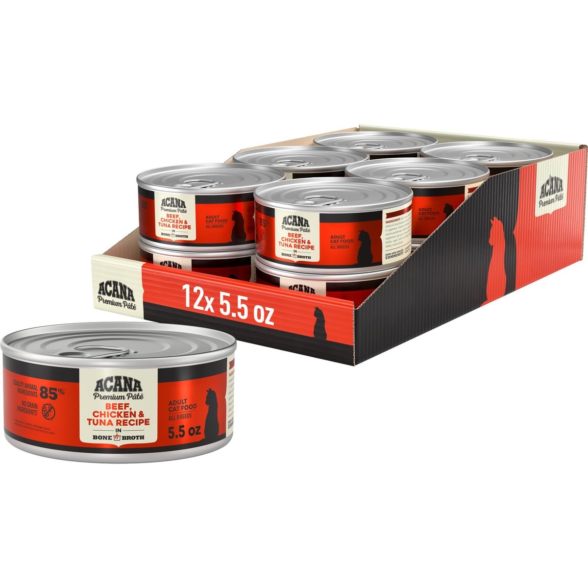 ACANA Premium Beef Chicken & Tuna in Bone Broth Pate Wet Cat Food Recipe, 5.5-oz can, case of 12