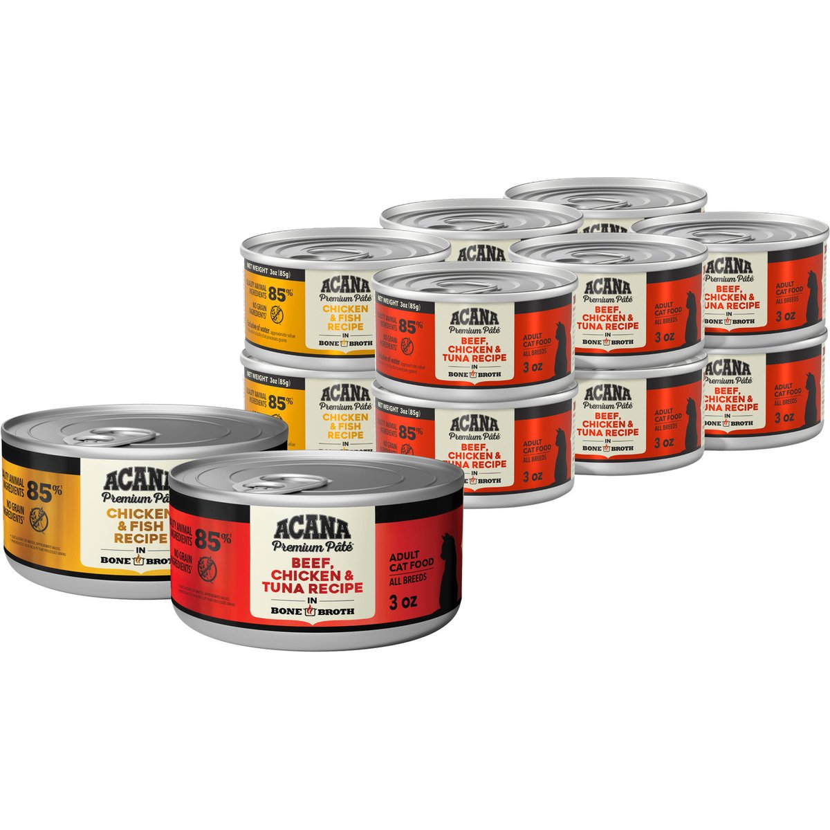 ACANA Premium Chicken & Fish + Beef Chicken & Tuna Variety Pack Pate in Bone Broth Wet Cat Food, 3-oz can, case of 12