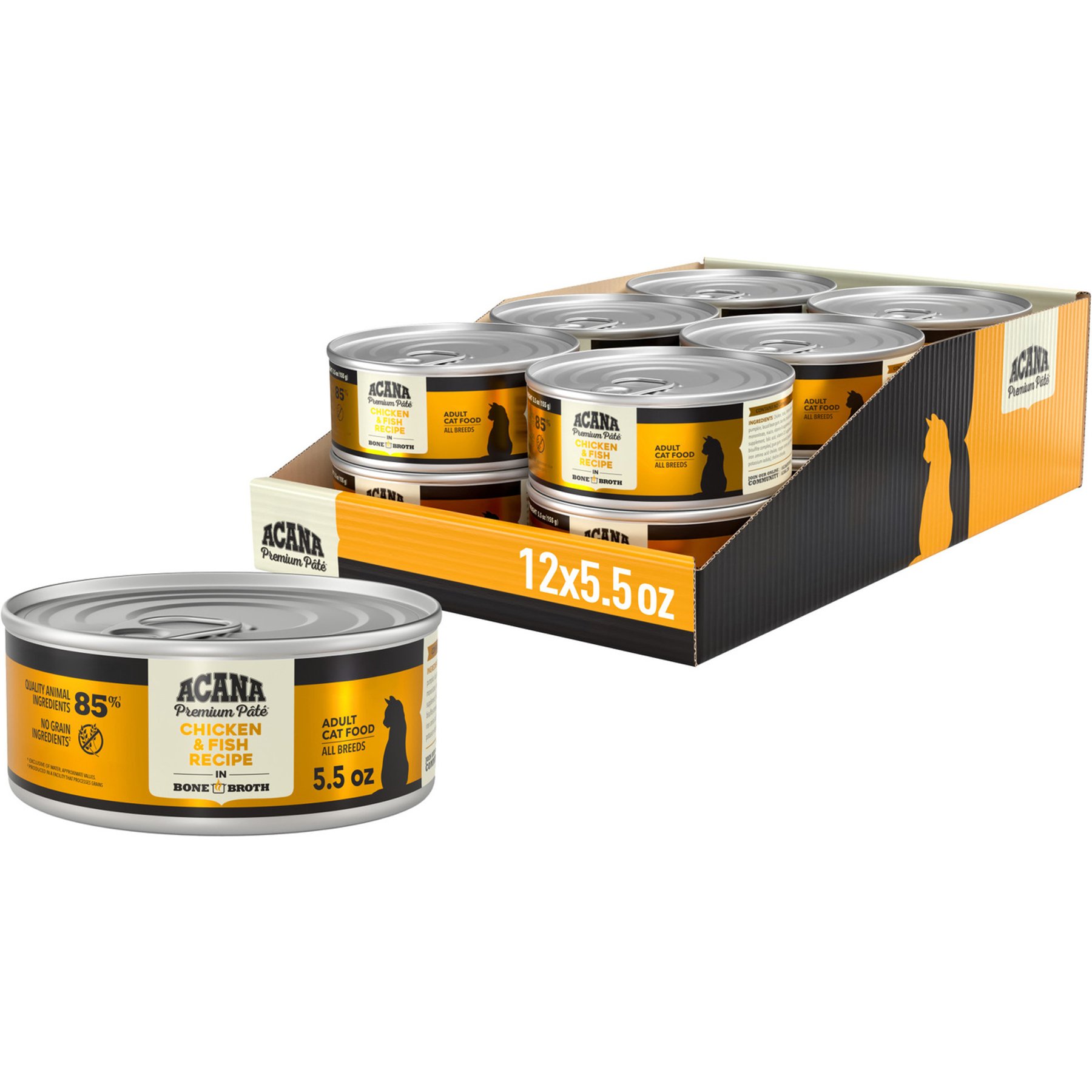ACANA Premium Chicken & Fish in Bone Broth Pate Wet Cat Food, 5.5-oz can, case of 12